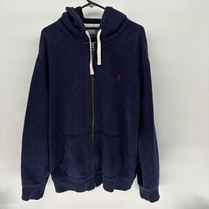 Vintage Polo Ralph Lauren Navy Blue Full Zip Hooded Jacket Red Pony Men XXL